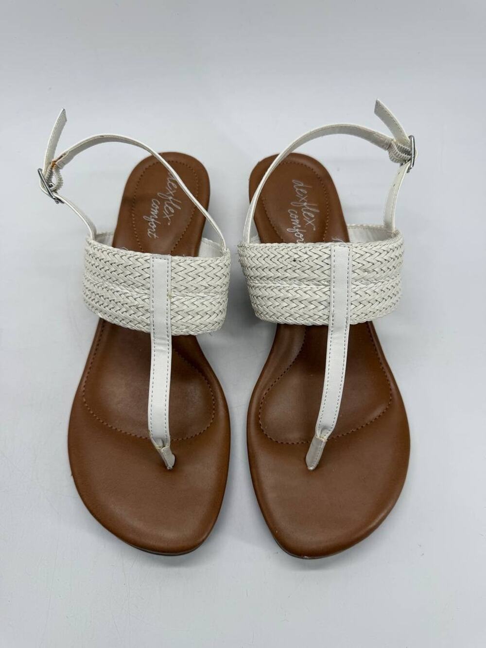 Dexflex Comfort Women’s Size 8 White Woven Slingback Thong Wedge Sandals